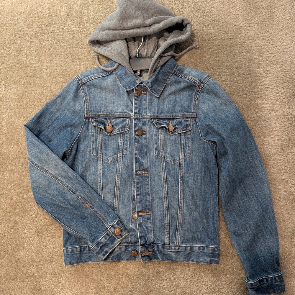 Hollister Blue Denim Jacket with Gray Hood